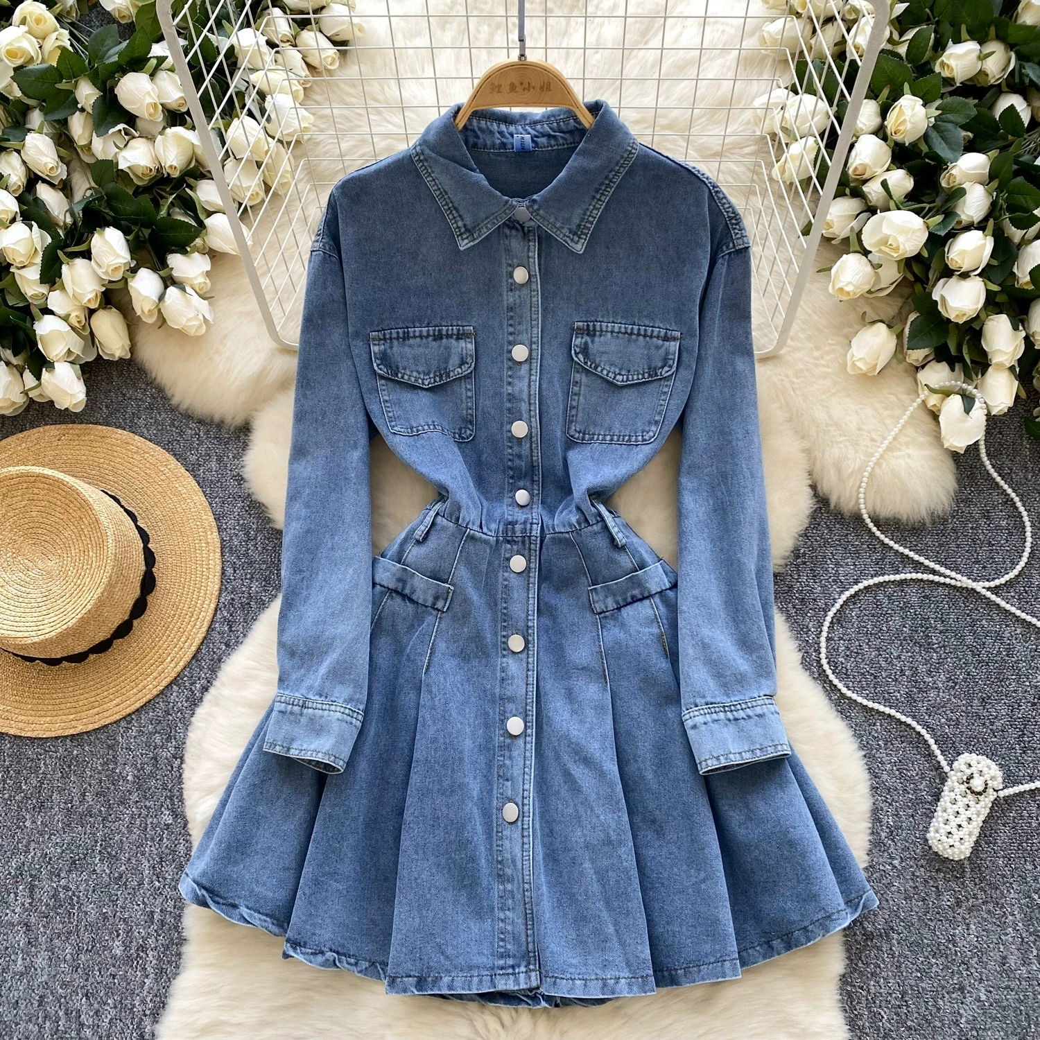 Women's New Denim Dress Commuter Long Sleeve Single Breasted Ruffled Shirt Collar Mini Dresses