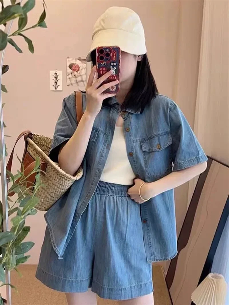 

Летние комплекты, новинка 2025, высококачественный повседневный джинсовый костюм, женский размер XL, тонкий модный джокер, джинсы с эластичной резинкой на талии, женский костюм из двух предметов