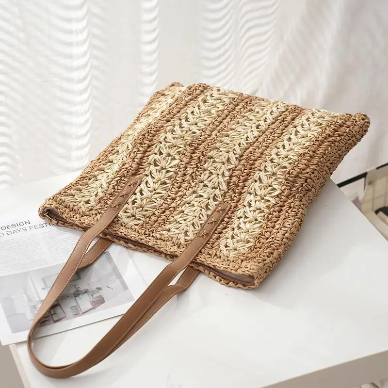 Summer Handmade Bags for Women Beach Weaving Ladies Straw Bag Wrapped Beach Bag Square shaped Top Handle Handbags Totes