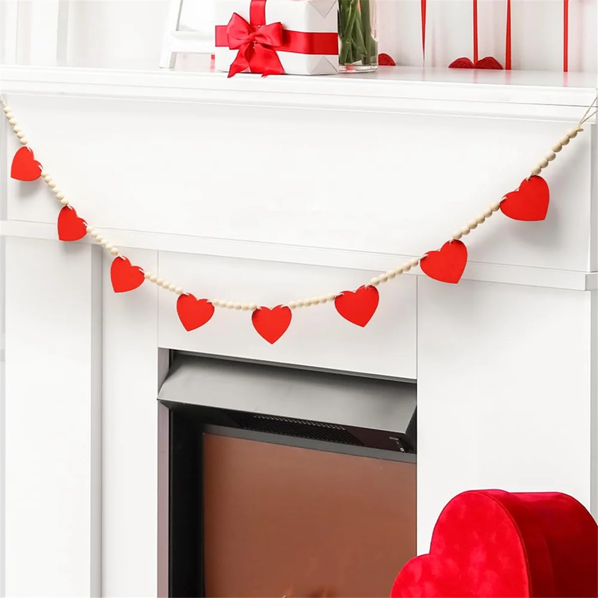 Valentines Day Decor, Love Heart Shaped Wooden Hanging Banner with Beads for the Home, Fireplace, Wall, Office