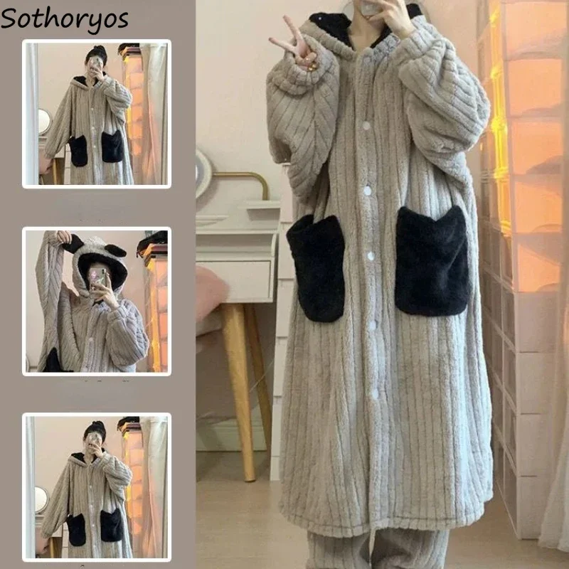 Winter Flannel Robes Women Hooded Sleepwear Warm Panelled Sweet Girls Home Baggy Cozy Korean Style Lounge Soft All-match Thicken