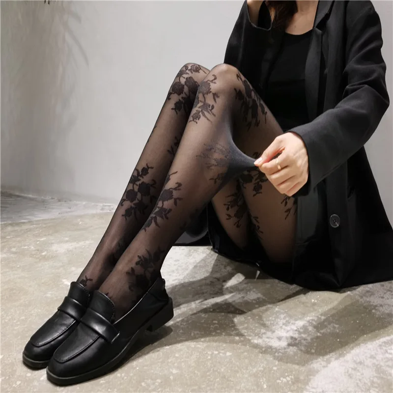 

French Style Vintage Black White Stockings Medias Kawaii Rose Flower Print Pantyhose Nylon Pattern Luxury Tights Collant Femme