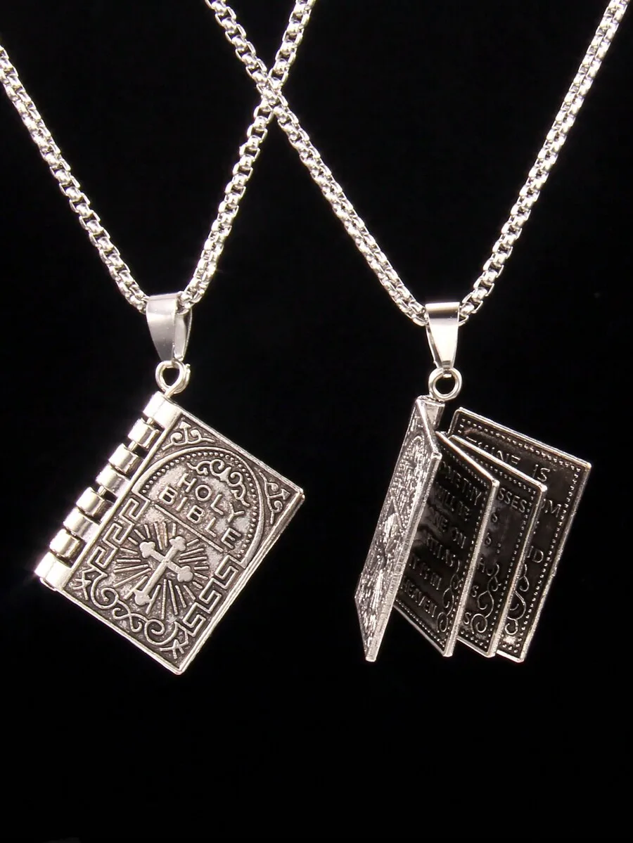 

1pc Flip Page Bible Lord's Prayer Book Pendant Necklace, Fashion Versatile Sweater Chain For Daily Wear