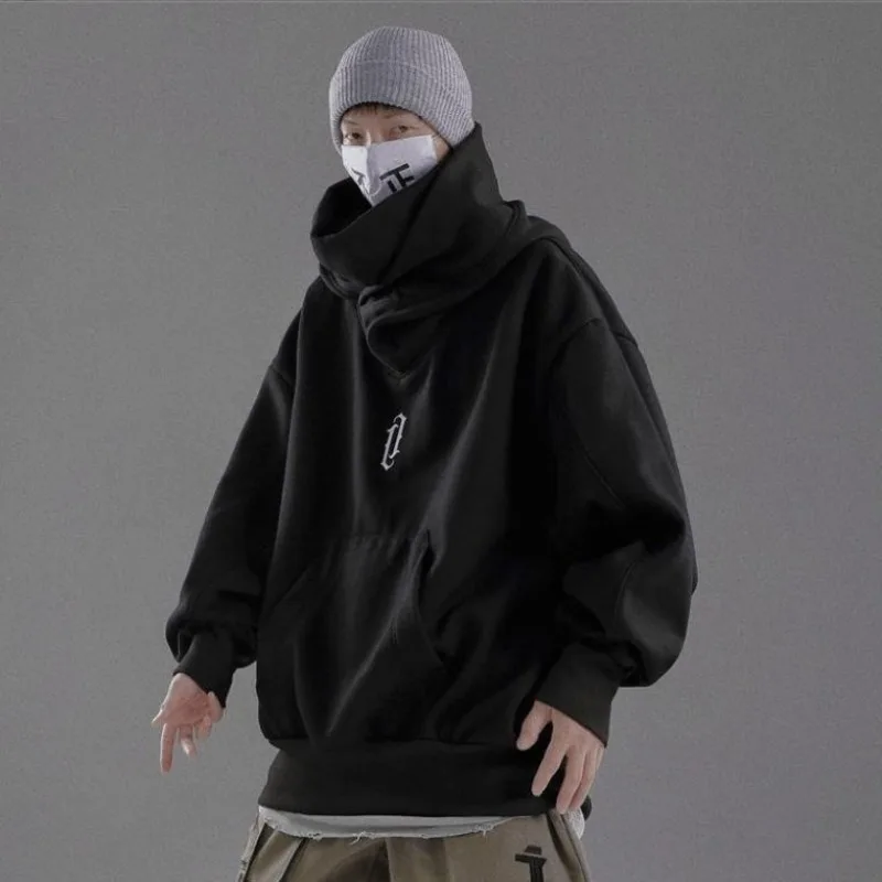 With Hat Hoodies Men Plus Velvet Thick Personality Hooded All-match Streetwear Cozy Chic Hip-hop Simple Handsome American Style