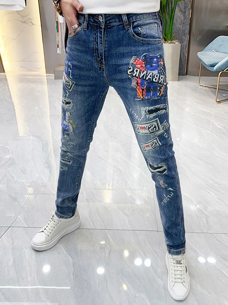 

Summer Men's Bear Cartoon Print Slim Fit Lightweight Elastic Casual Jeans mid Waist Zipper Closure Faionable Youthful