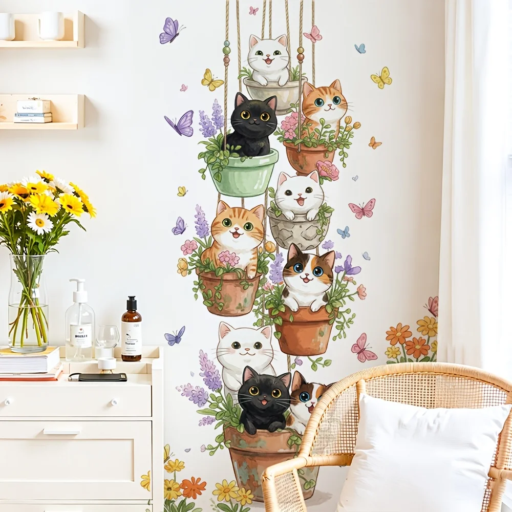 2D flat design, a cute cat and plant wall sticker for a rental bedroom, perfect for a cozy makeover or background wall decoratio