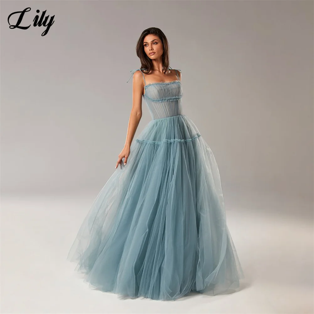 Lily Pink Prom Dresses Spaghetti Strap Celebrity Dresses Pleat Sweetheart Women\'s Evening Dress Net A Line Formal Gown 프롬 드레스