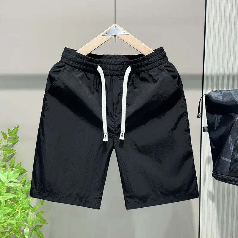 Trend Fashion Summer Casual Shorts Men\'s Letter Print Elastic Waist Drawstring Pockets Motion Loose Straight Knee Length Short