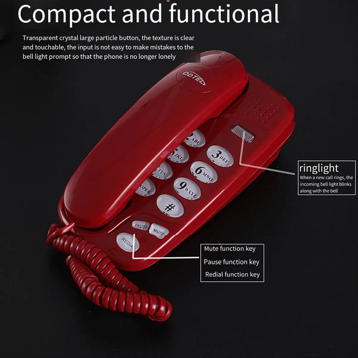 -580 Big Button Corded Phone Wall-Mounted Telephones Machine Support Wall Mount or Desk Phone Black-A73M
