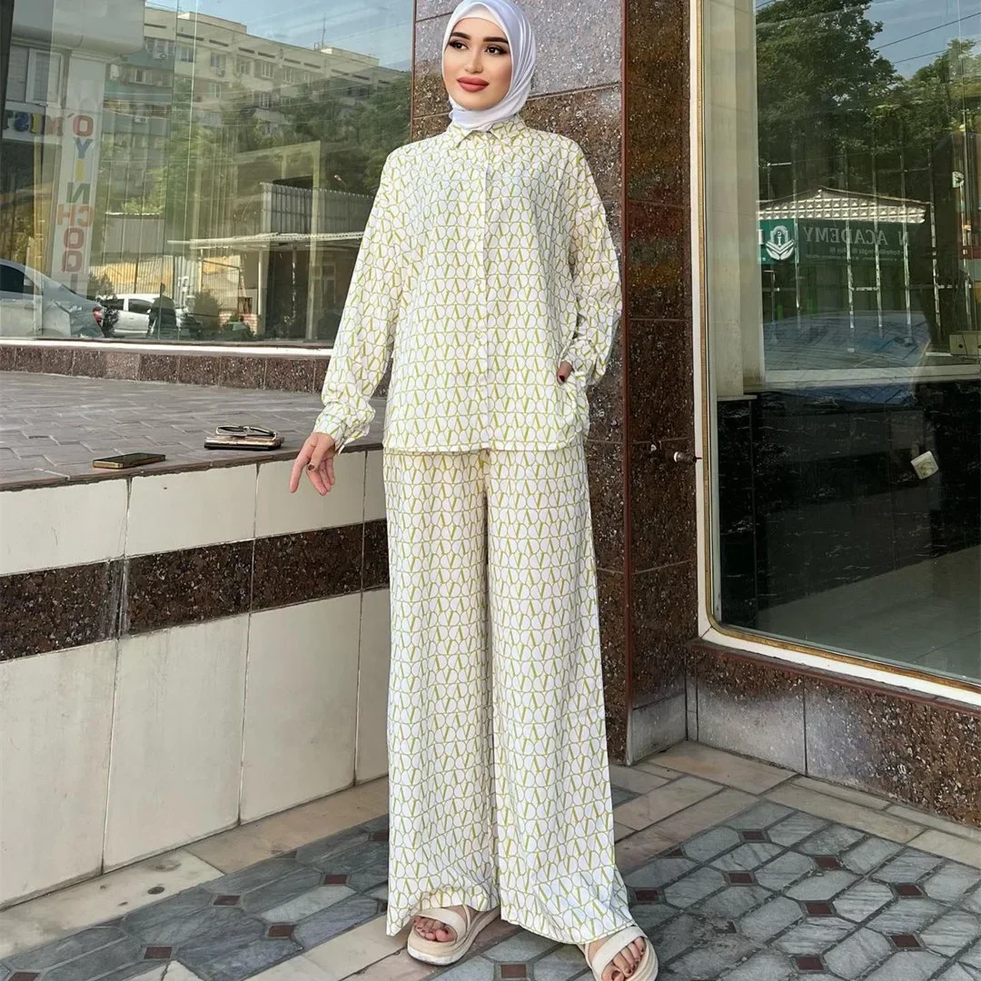 Women Eid Muslim Sets Two Pieces Kaftan Islam Arab Ensemble Print Blouses Wide Leg Pants Casual Jalabiya Loose Pockets Button