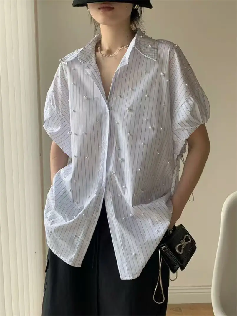 

Pearls Beaded Stripe Cotton Short Sleeve Blouses Shirts Women 2025 Spring Summer New Fashion Trend Loose Casual Tops Blusas