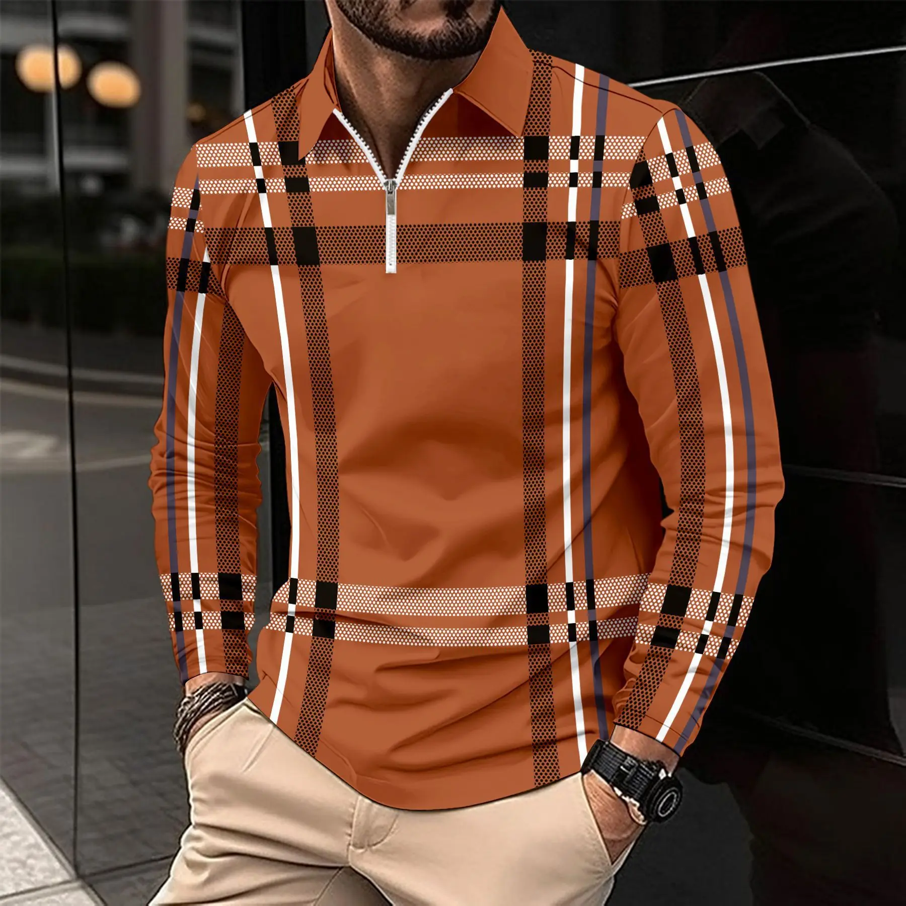 طويلة الأكمام مخطط منقوشة الرجال سحابات Polos تي شيرت ربيع الخريف ثلاثية الأبعاد مطبوعة الشارع الذكور بولو المحملة 6XL حجم كبير بلايز عادية