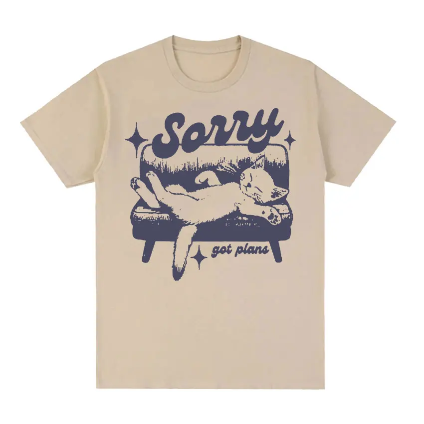 Sorry Got Plans Retro Graphic T Shirts Nostalgia Cat Tops Harajuku Fashion T-shirt Men Women Casual 100% Cotton Oversized Tshirt