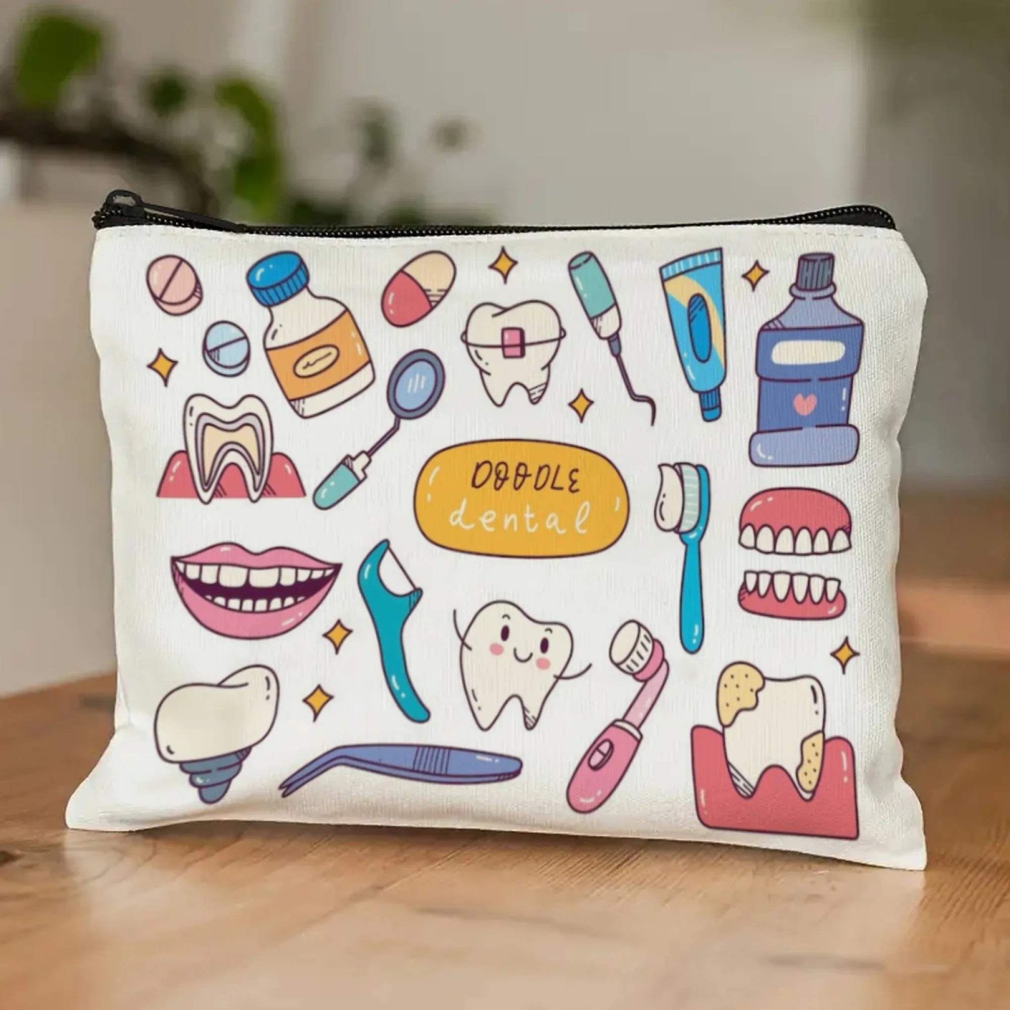 

Oral-Care Fun Doodle Cosmetic Pouch Dental-Themed Cartoon Floss & Mouthwash Prints with Playful Lines Zippered Makeup Bag