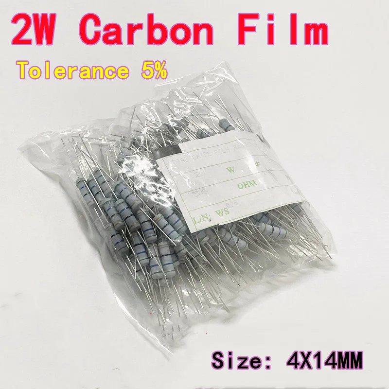 20PCS 2W Carbon Film 5% Tolerance Color Ring Resistor, 3R/10R/100R/1K/2K/4R7/5R1/10K/100K, 1R~1MΩ