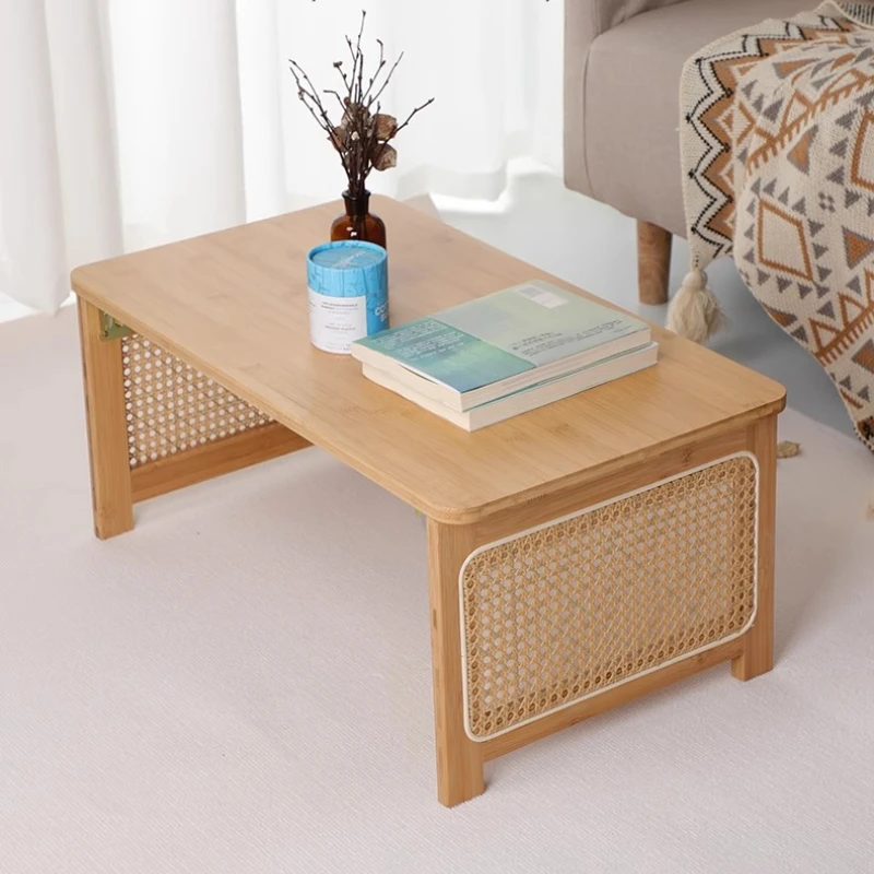 Foldable Bay Window Table Japanese Tatami Tea Desk with Woven Rattan Design Portable Floor Study