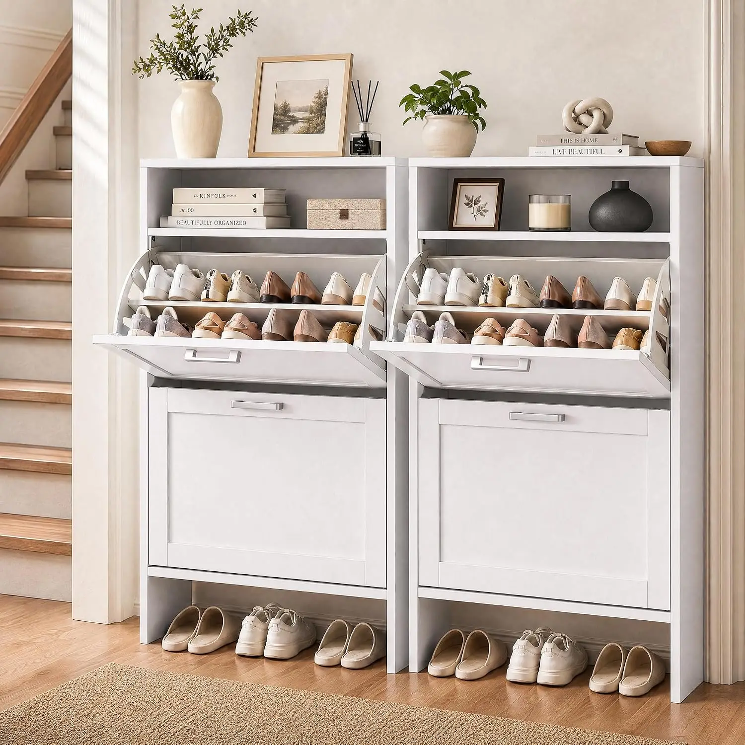 Shoe Cabinet 4 Flip Drawers & Open Shelf Entryway Organizer Wooden, Customized
