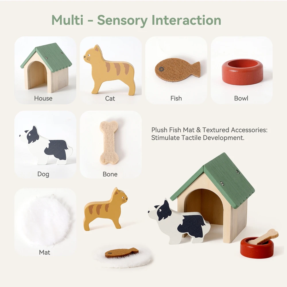 Blocs de construction d'animaux de dessin animé en bois, jouets pour enfants, ensemble de scène d'animaux de compagnie simulés, jouets d'imagination interactifs pour bébés, articles décoratifs en bois