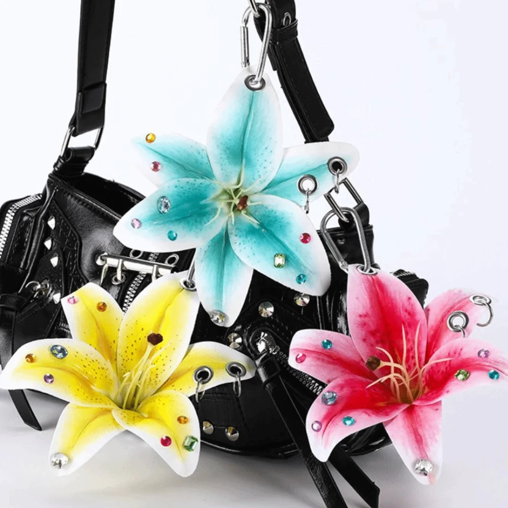 Phalaenopsis Orchid Lilium Brownii Flower Pendant Rivet Tassel Colorful Rhinestone Keychain Y2k Fashion Bag Charm Bag Ornament
