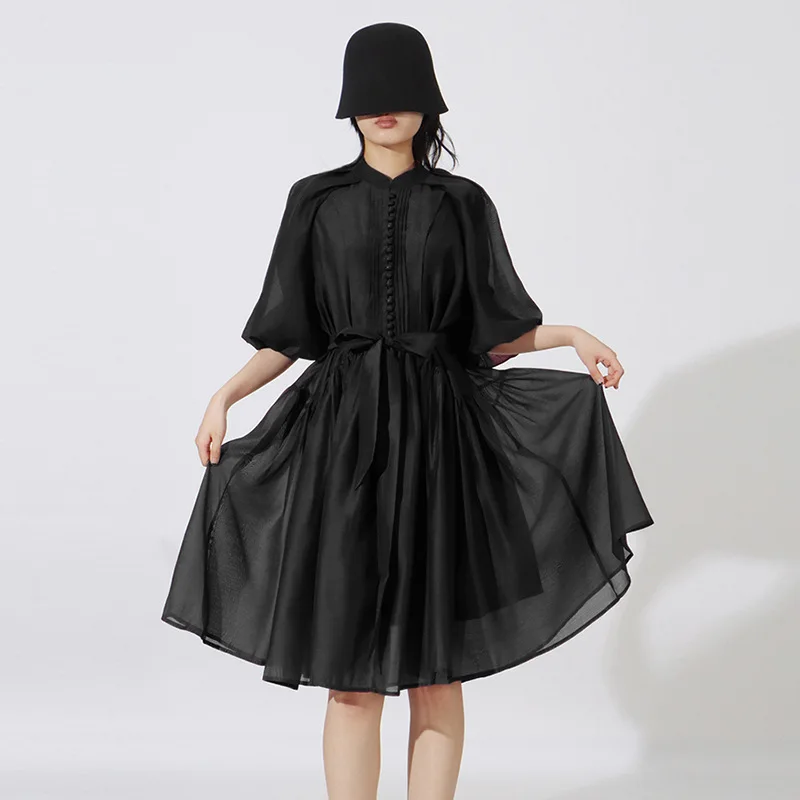 الفرنسية الرجعية نمط الدانتيل يصل فساتين الربيع المرأة نفخة الأكمام س الرقبة فستان فضفاض الصيف عالية الخصر الصلبة عادية طول الركبة فستان