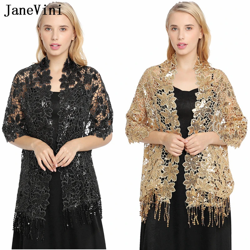 JaneVini Luxury Gold Sequin Bolero Bride Party Sheer Wedding Bolero Women Lace Floral Shawl Capes Wraps Formal Dress Shrug Stole