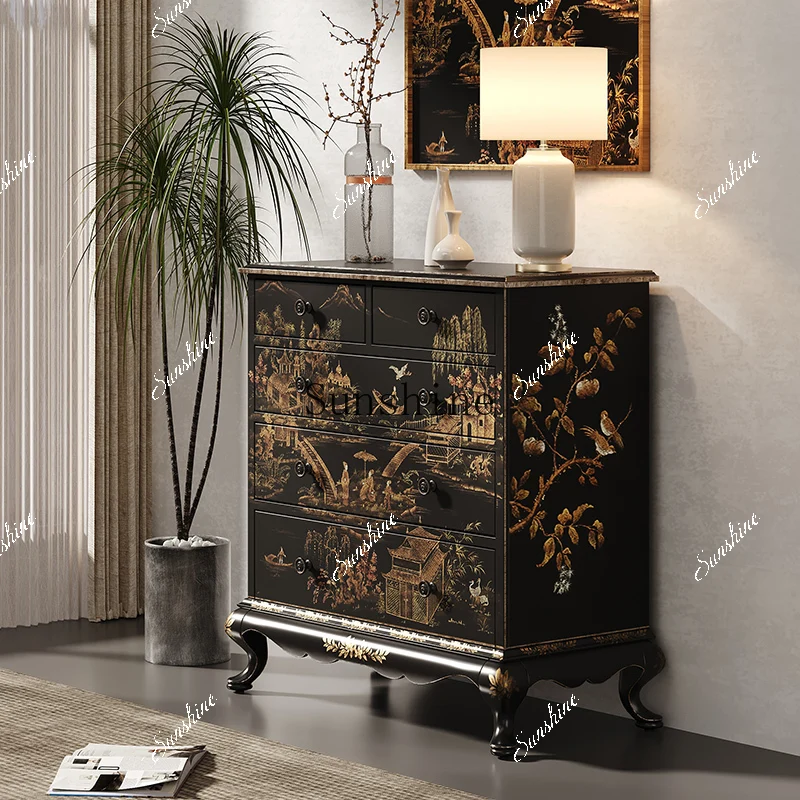 French retro solid wood five-bucket bedroom decorative storage high cabinet  FT