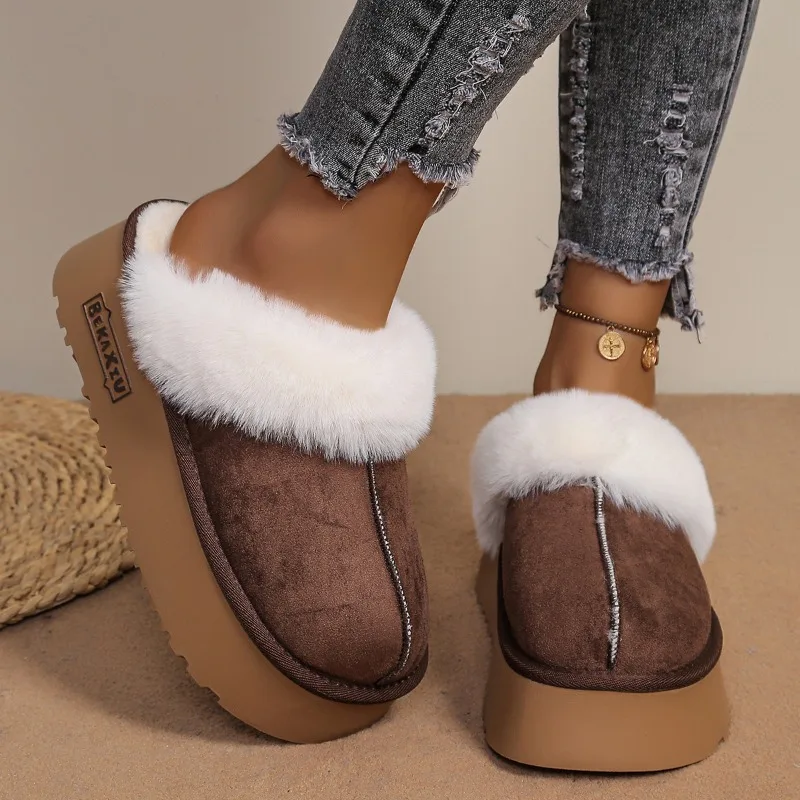 

2025 Women's Winter Fur Slippers Large Size Fleece Lined Thick Bottomed Shoes Warm Home Slippers Fashion Footwear