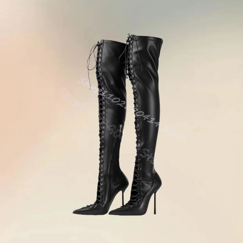 Schwarzes Kreuz gebunden hohl Design spitzen Zehen Stiefel Seite Reiß verschluss Frauen Schuhe dünne High Heels Party Bankett 2024 Zapatos Para Mujere