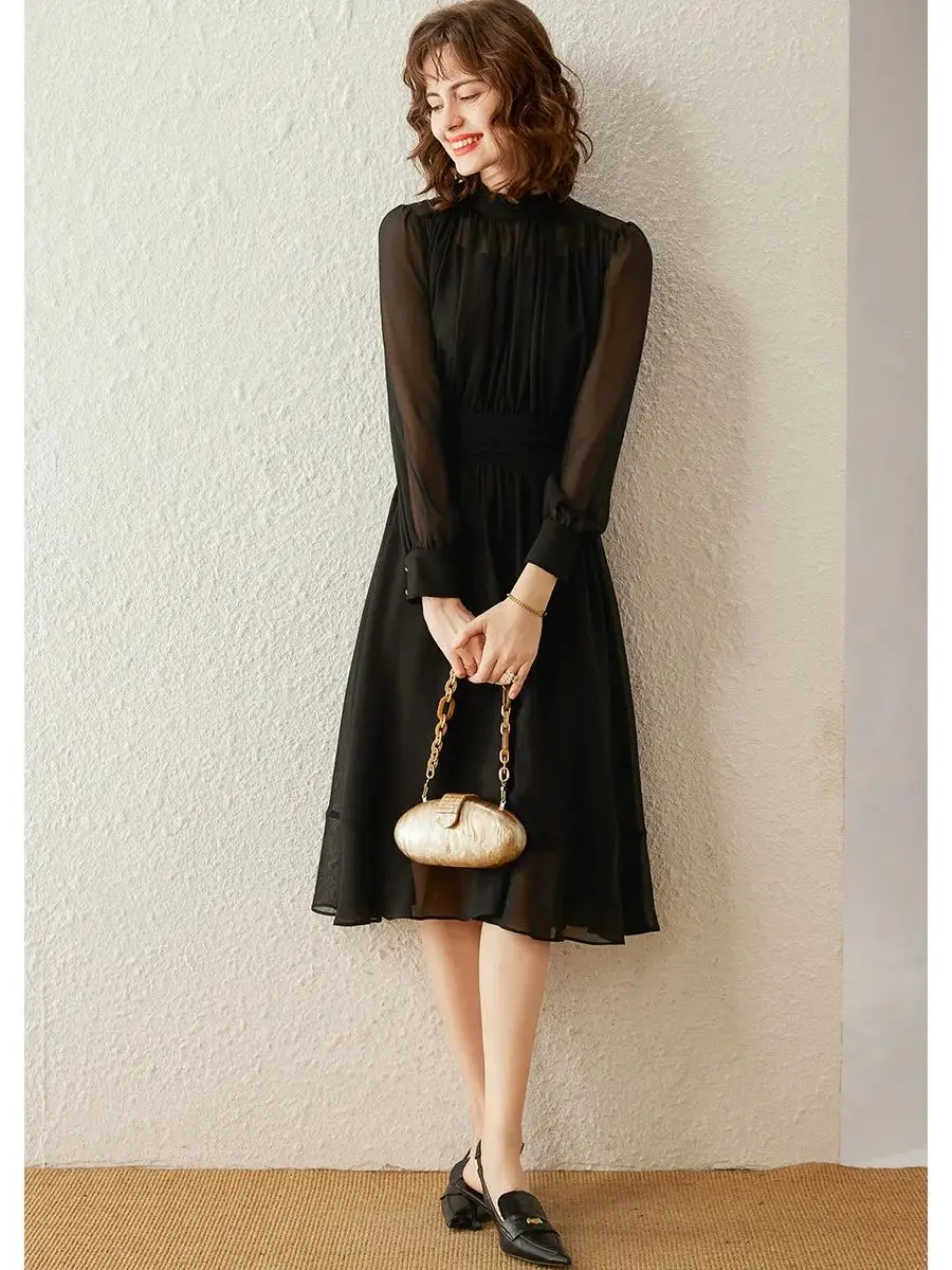 LOUIS YAO Women Dress 2024 Spring and Summer Stand Collar Long Sleeve Retro Casual Elegant Silm Fit Long Black Dress for Women