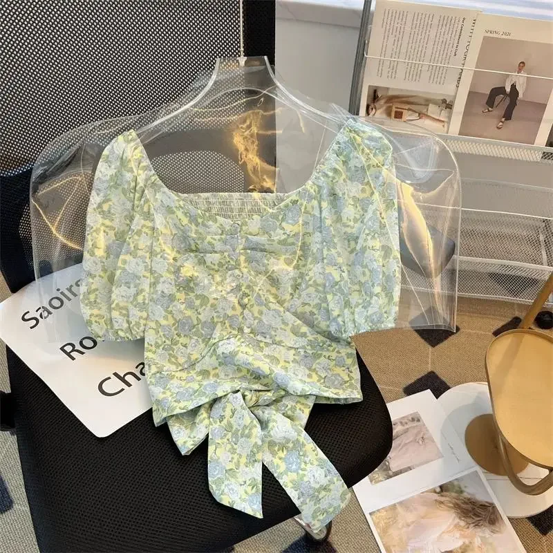 Chiffon Blouse Women's Design Sense Summer Back Tie Top New Style Elegant V-Neck Short Sleeve Floral