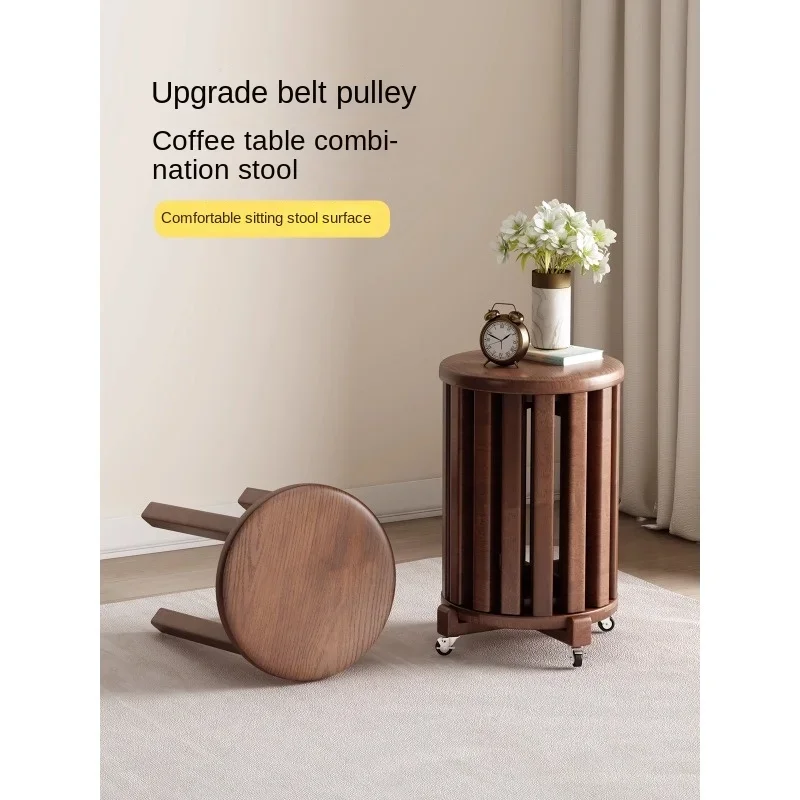 

Multifunctional wooden coffee table set with foldable stools and wheels