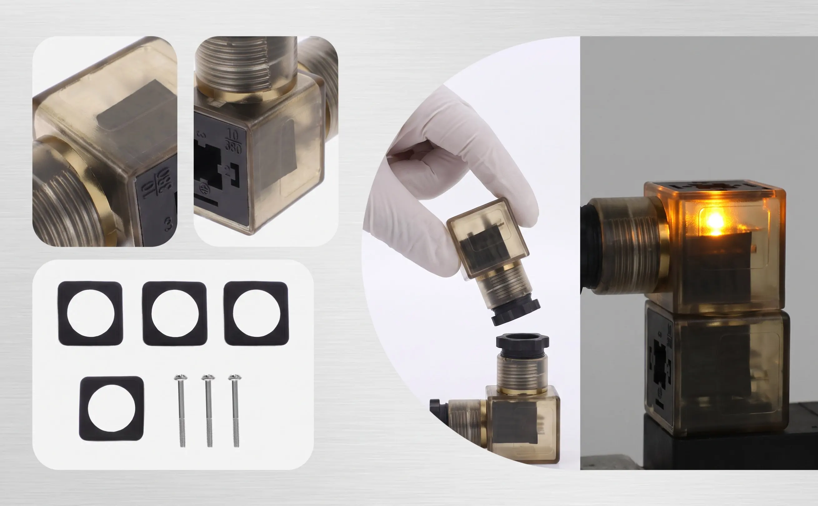 3Pcs Brown Solenoid Connector Professional 3 Prong Coil Plug Indicator Light for Hydraulic Valve Solenoid Din 43650 Connector