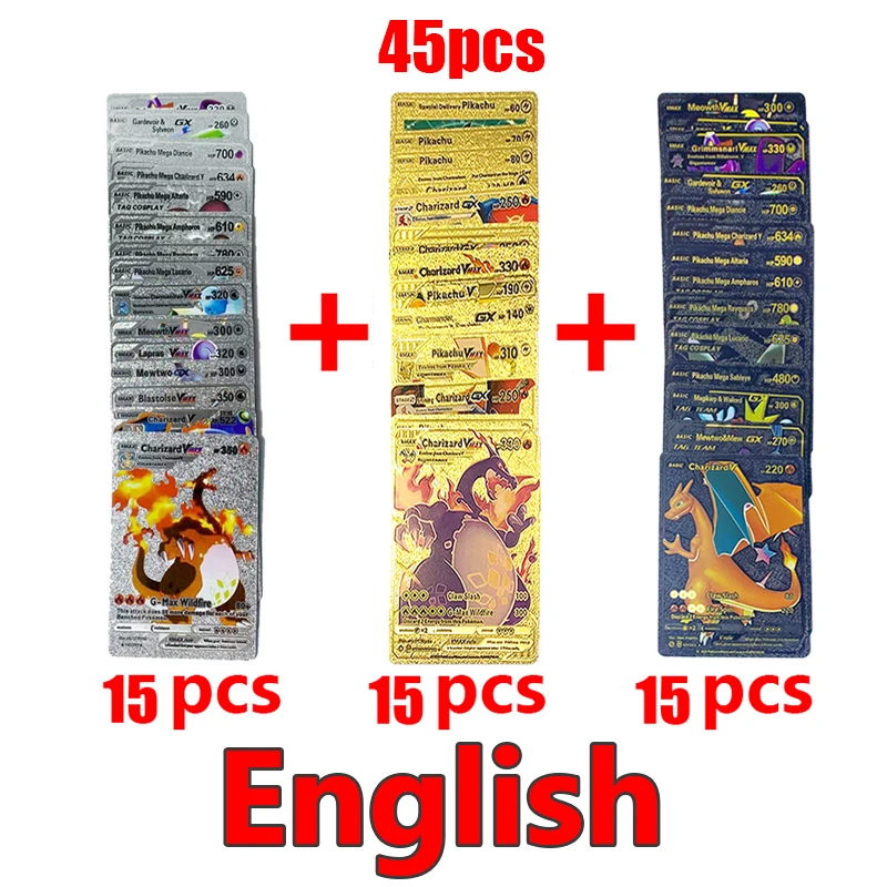 81-15Pcs Pokemon Karten Gold Silber Vmax GX Karte Sammlung Kampf Trainer Karte Spanisch Englisch Französisch Kind Spielzeug weihnachten Geschenke