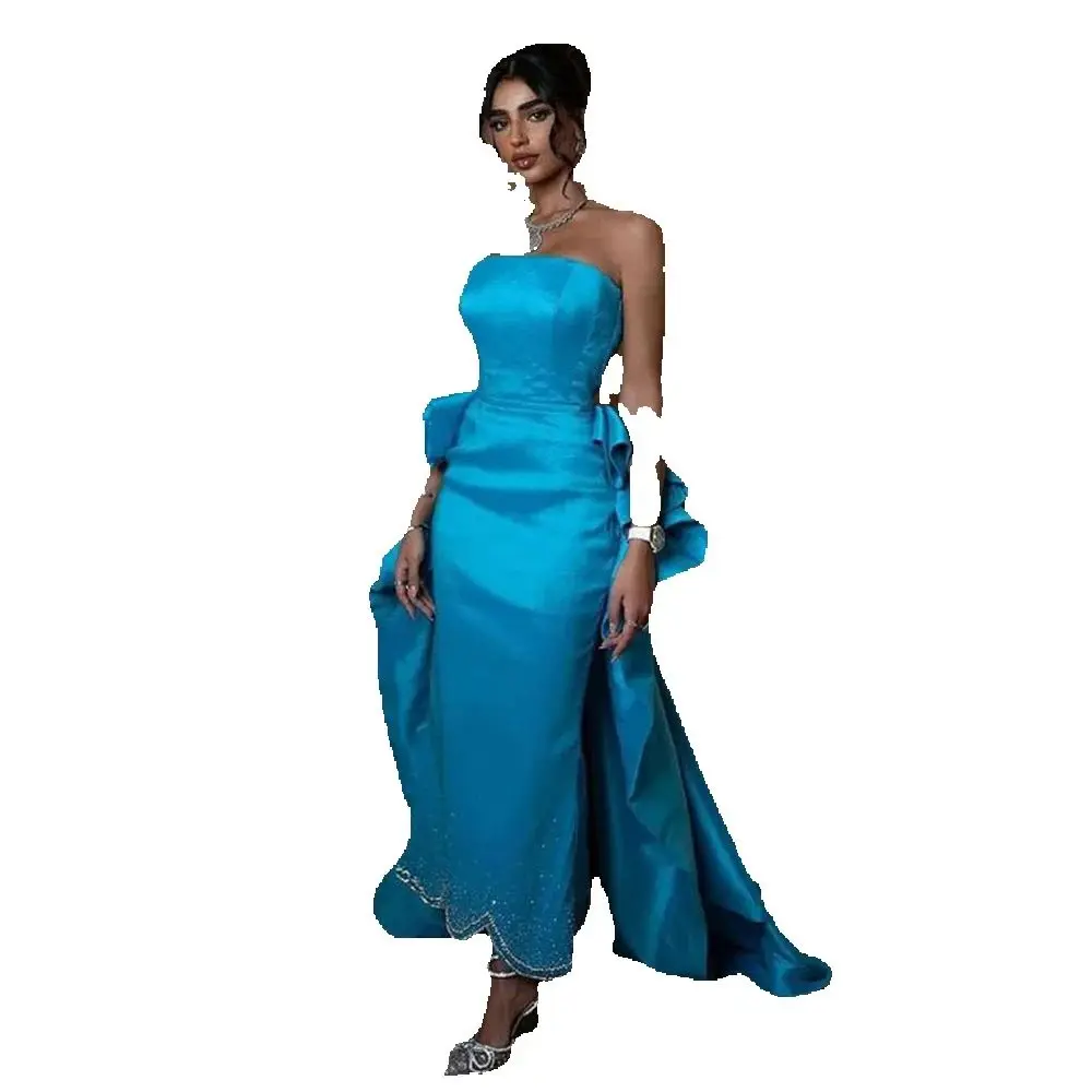 High Quality Luxury Blue Evening Party Dresses Strapless Floor Length Sleeveless A-Line Fashion Chic Pretty Women Prom Gowns