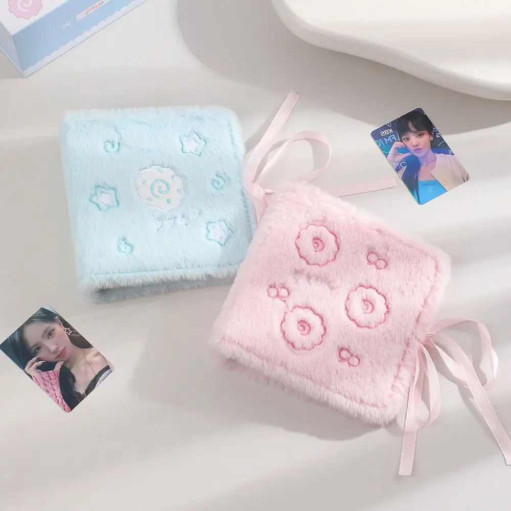 Plush 3in Plush Photocard Holder Fluffy Strap Ties 2 Grids A7 Idol Photo Album Ribbon Kawaii Idol Photo Card Binder