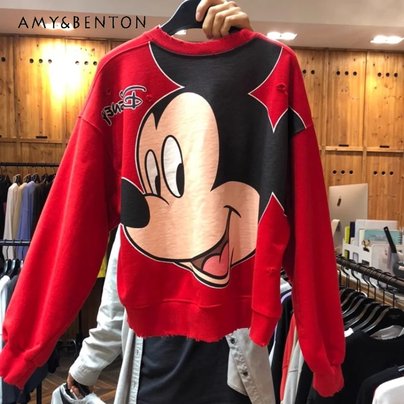 

2025 Autumn New Korean Style Thickened Cotton Cartoon Print Distressed T-shirt Hoodies Jacket For Women And Couples Sweatshirt