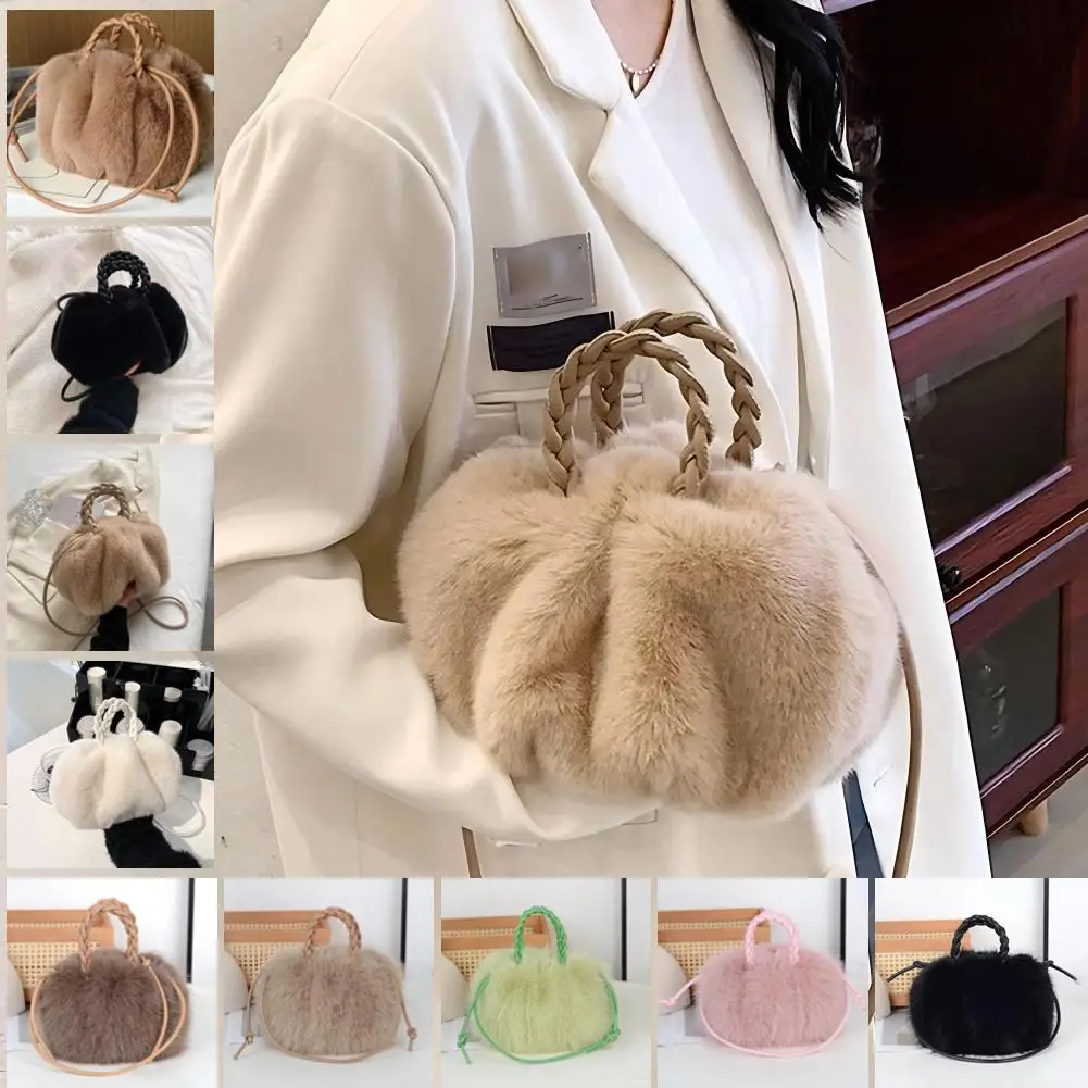 

Cute Pumpkin Bag Faux Fur Tote Bag Women's Bucket Plush Luxury Design Ladies Handbags Soft Winter Sweet Girl Handbag