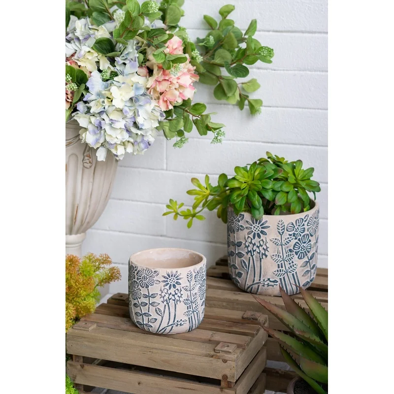 Gray Sand and Cement Planters with Blue Floral Design, 7x6.7" LxD, 5.5x5" S