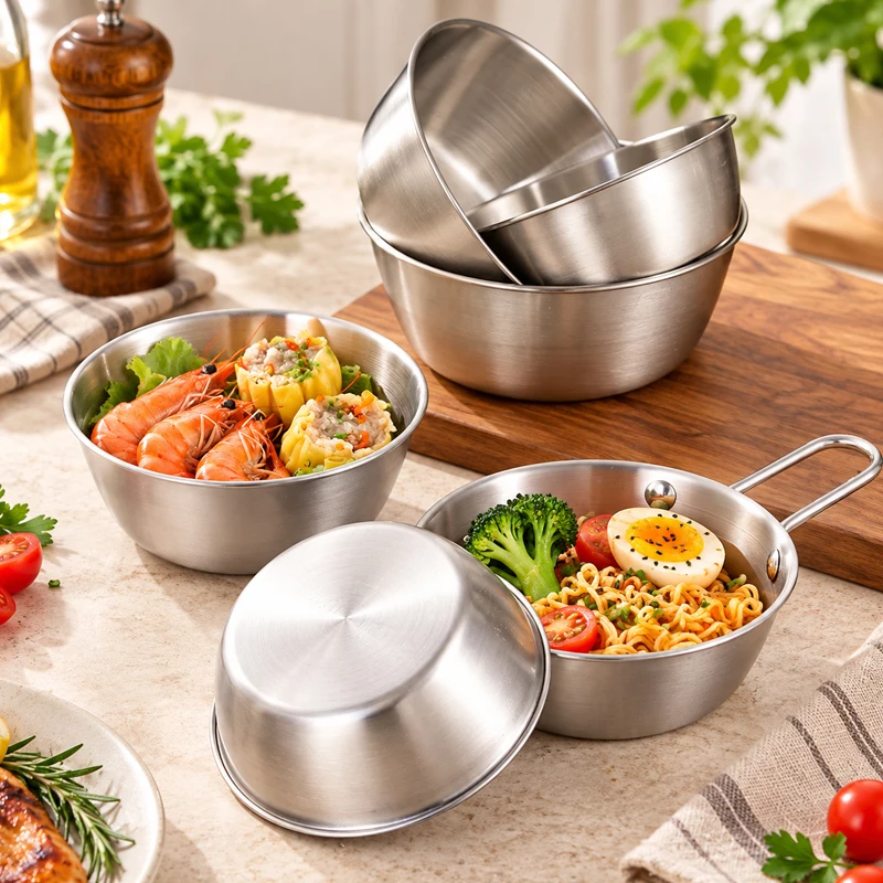 304 Stainless Steel Korean Style Heatable Rice Wine Noodle Salad Bowl, Multipurpose Kitchen Tableware for Dessert Fruit Sauce