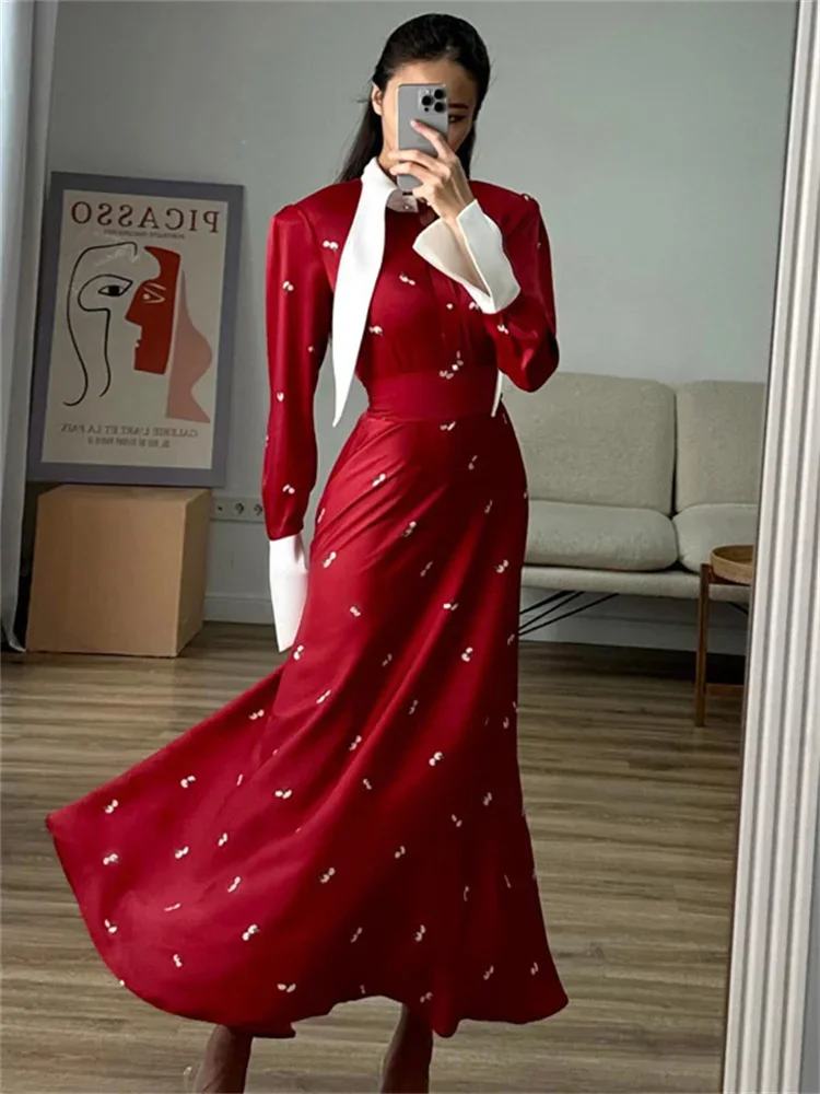 Tossy Elegant Satin Printed Long Dress Women's High Waist Patchwork Commute Slim Autumn 2024 Contrast Dress Female Maxi Dress