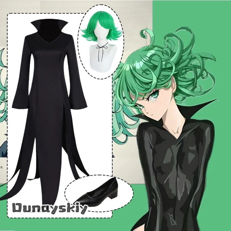 

Аниме Тацумаки Косплей Черное платье Костюм {Amanda Cos} Черное банкетное платье Тацумаки Зеленый парик Полный комплект Маскировка на Хэллоуин для женщин