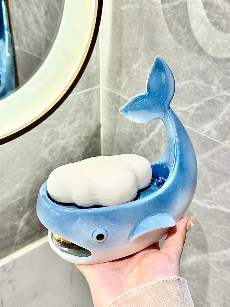 Whale Soap Box with Drain Household Bathroom Ceramic Soap Dishes Creative Whale Shape Draining Soap Box Bathroom Storage Rack