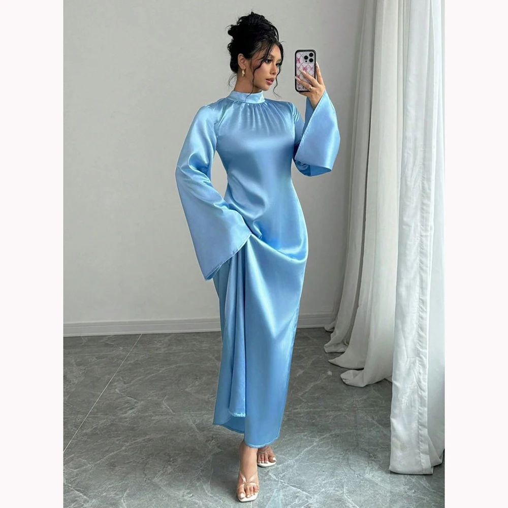 

Женское платье по индивидуальному заказу, голубое эластичное платье из искусственного шелка, атласное платье с воронкой и длинными расклешенными рукавами, широкий подол, женский наряд макси