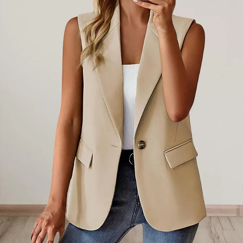 Women Summer Waistcoat Sleeveless Business Vest Coat Solid Color Pockets Single Button Straight Formal OL Style Commute Coat