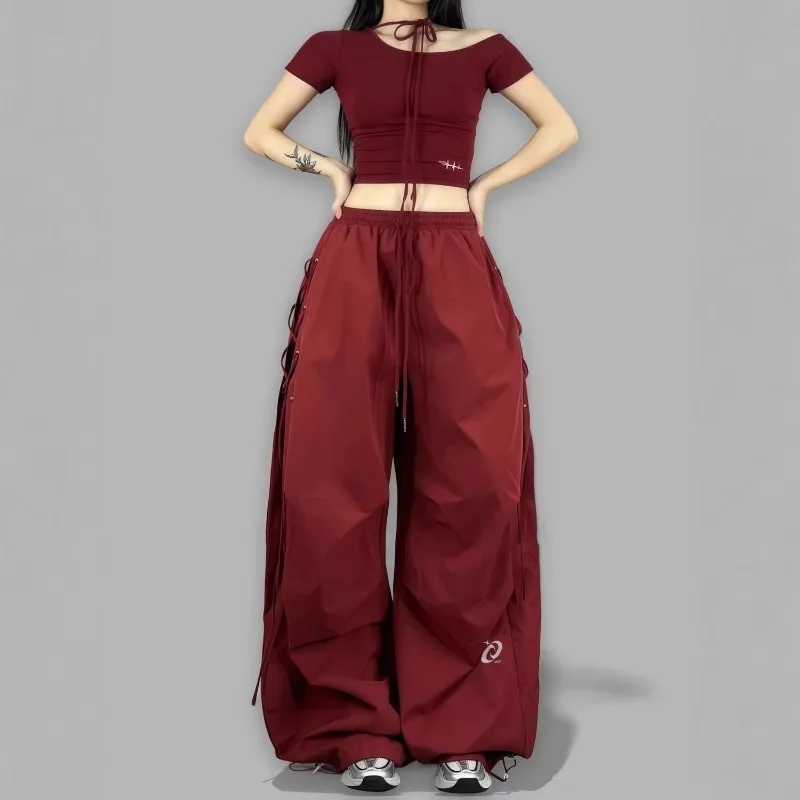 American Streetwear Jogging Cargo Pants Women High Waist Side Straps Loose Punk Wide Leg Trousers Y2k Hip Hop Street Dance Pants