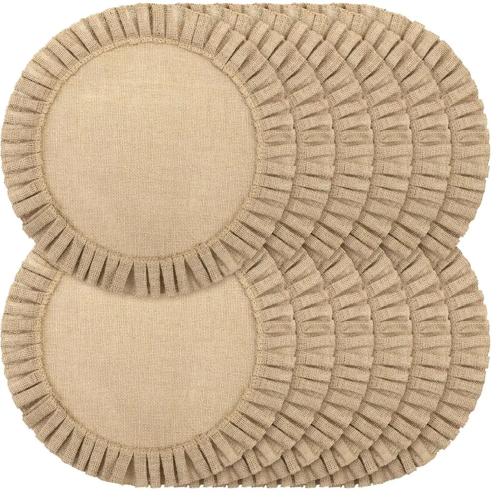 

Набор из 12 круглых салфеток из мешковины с джутовыми косами, рюшами по краям, термостойкими для свадеб, вечеринок и праздничной столовой.