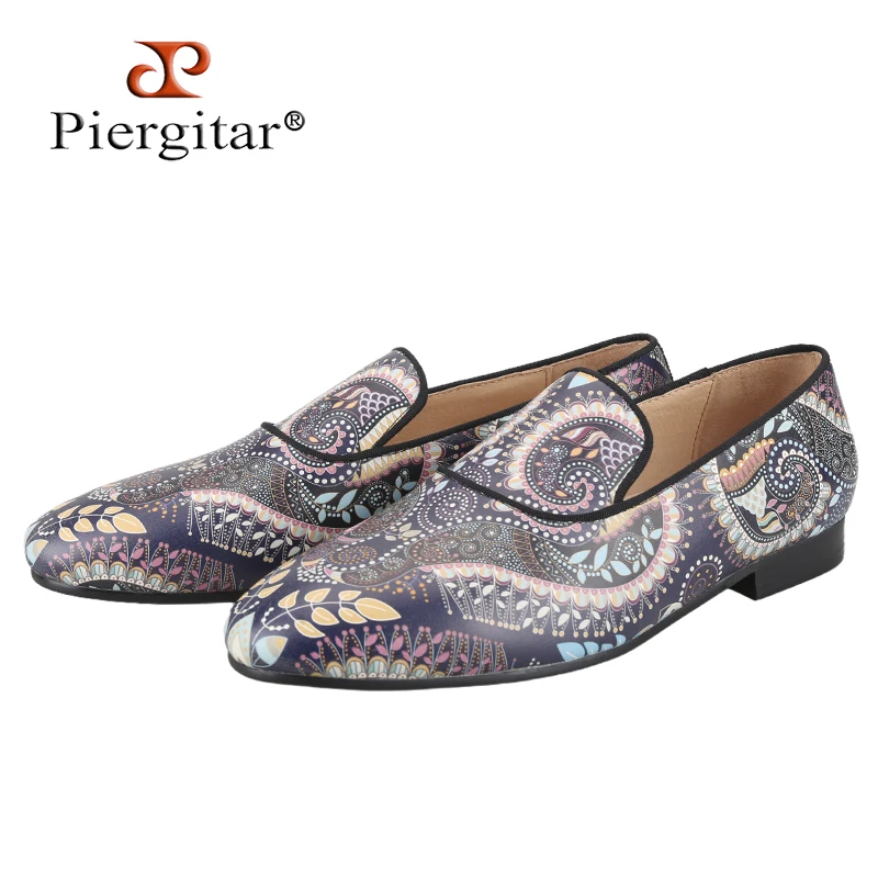 Piergitar Retro Model Paisley Pattern Print Genuine Leather Men's Slip-On Loafers Bohemian Style Fashion Trendy Casual Shoes