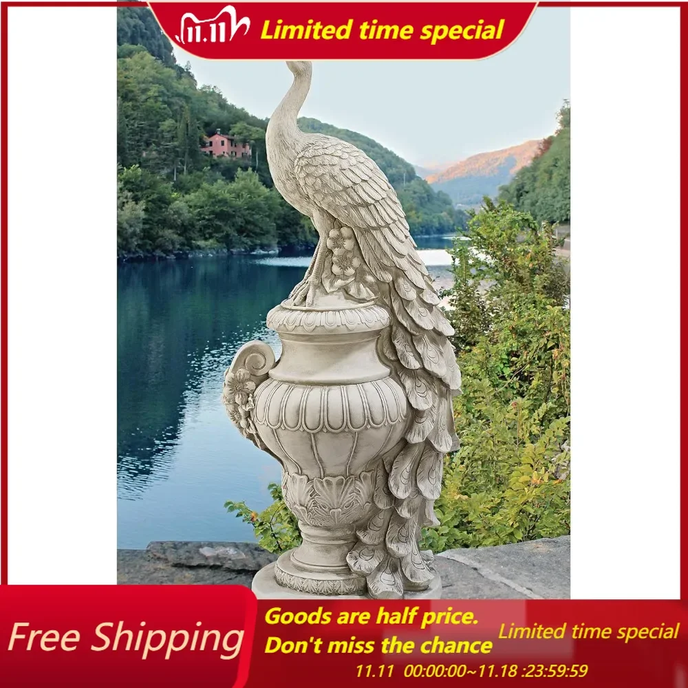 Peacock on an Urn Garden Statue, 34 Inch, Polyresin, Antique Stone