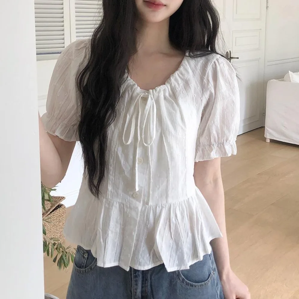 

Chic Summer Floral Embroidery round Neck Short Sleeve Shirt Women's Drawstring Design Breathable Cotton Korean Style Blouse