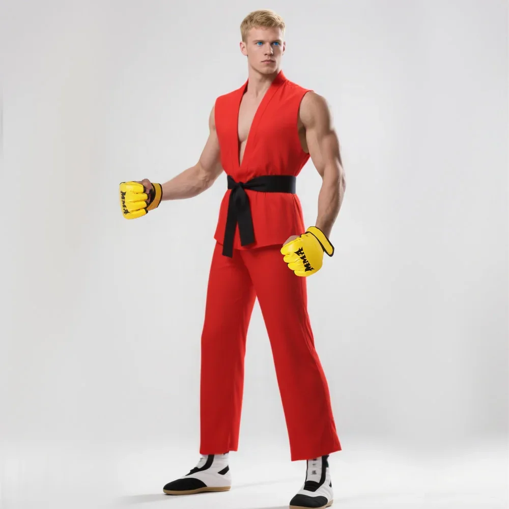 Men White Red Martial Arts Uniform With Belt Ryu Ken Cosplay Costume Street Fighter Inspired Outfit For Halloween Masquerade Fan view 5